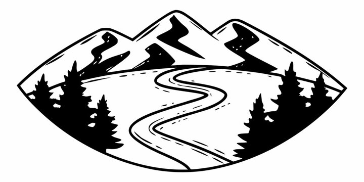 Black and white mountain landscape with a winding road and pine trees in a diamond shaped frame