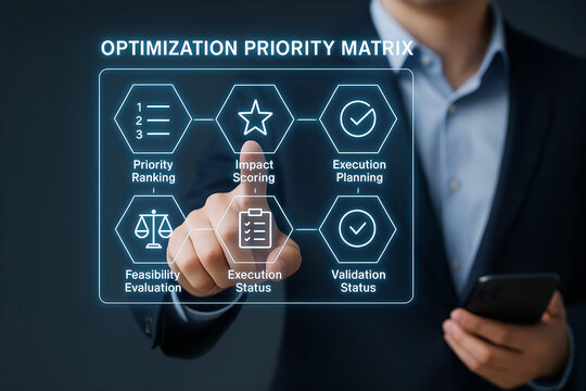 Optimization priority matrix with icons and businessman