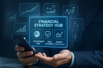 Person using smartphone with financial strategy hub interface