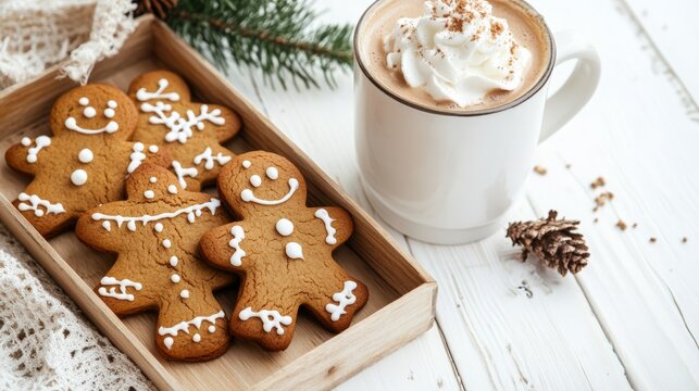 Gingerbread cookies with festive decorations and hot cocoa in cozy winter setting