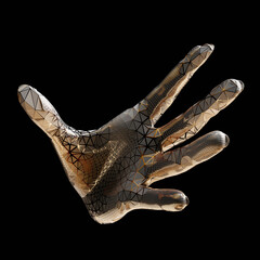 Grabbing hand sculpture with low poly mesh texture, surreal concept representing connection loss, reaching out, decay transformation, contemporary digital art, 3d rendering