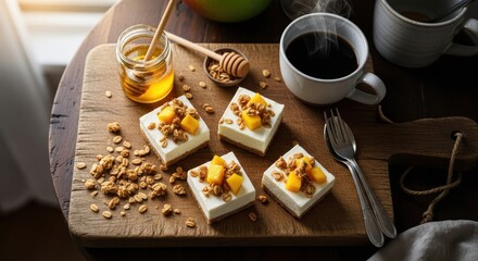 Four individual square cheesecakes topped with diced mango and granola, arranged on a rustic wooden board with a jar of honey, a honey dipper, granola, and cups of coffee