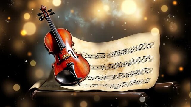 A violin sitting on top of an open book with music notes