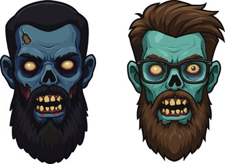 Cartoon zombie heads illustration with beards, glasses, glowing eyes, scary undead characters vector art for horror, Halloween, fantasy, and creepy design.