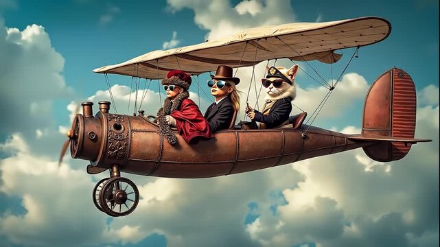 A couple of people riding in an airplane with a cat in the cockpit