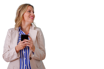 Professional woman smiling and looking away while holding smartphone, texting or browsing social media on transparent background