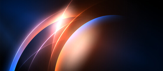 Abstract design features curved lines, vibrant colors. Blue, orange, white blend creating dynamic visual effect. Light radiates from central point.