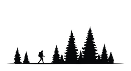 Obraz premium Lone hiker with backpack walks through a dense forest of evergreen pine trees in silhouette