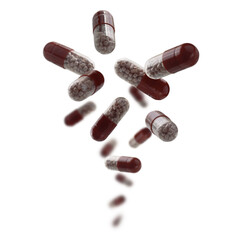 Capsules with the drug levitate on a white background