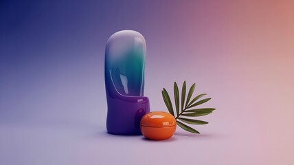 Abstract 3d render featuring a glossy form and orb with palm leaf against a vibrant gradient background composition