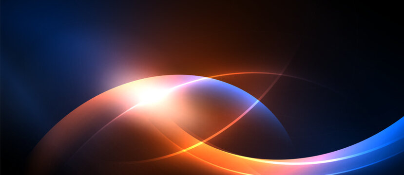 Abstract design features flowing curves, bright light source, blue, orange hues. Dark background emphasizes luminous shapes, creating dynamic visual effect.