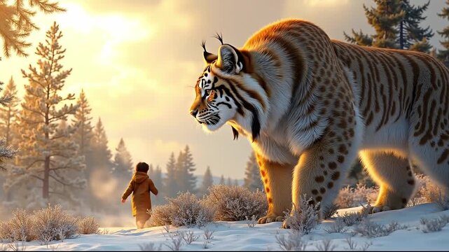 A man walking in the snow next to a large tiger