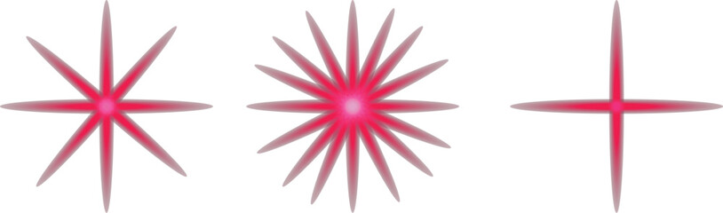 Collection of three bright red glowing starburst light effects, including eight-point, multi-point, and cross shapes isolated on white.