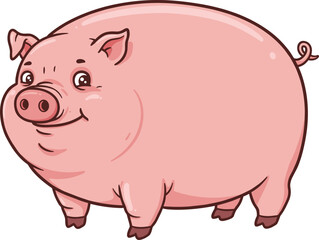 Cute cartoon pig illustration with smiling face, curly tail, pink body, playful farm animal vector art for children’s educational content