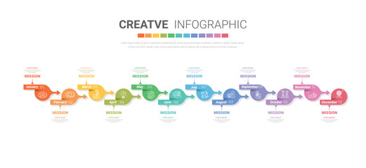 Timeline for 1 year, calendar, 12 months, Presentation business, Infographic Timeline can be used for workflow, process diagram, flow chart.