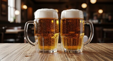 Refreshing glasses of cold beer sitting on a wooden table in a bustling pub during the evening hours