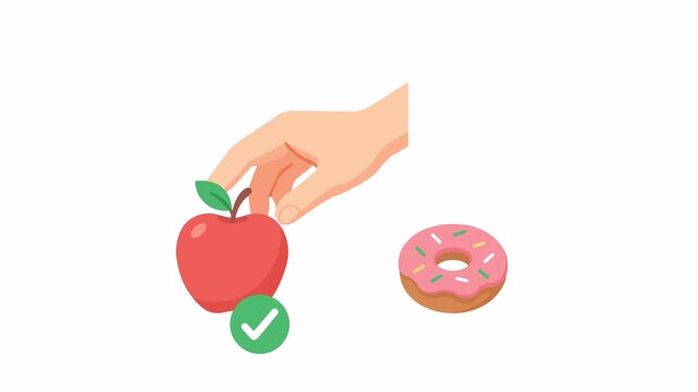 Nutrition and diet 2d motion icon. Flat animated hand picking apple with donut beside, isolated element for healthy eating, diet balance and food choice concept. Transparent alpha background.
