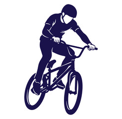 Fototapeta premium Silhouette illustration of a bmx rider performing a stunt in dark navy against white background