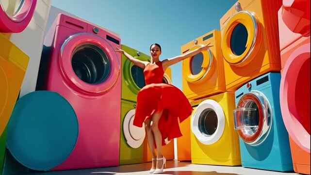 A woman in a red dress standing in front of a row of colorful washing machines