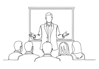 Continuous line drawing of a speaker presenting to an audience with a whiteboard