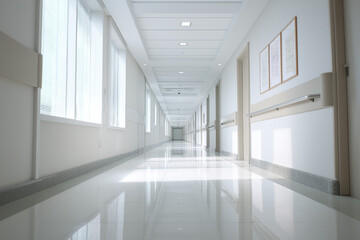 長くまっすぐに続く白い医療廊下と静寂な空間の奥行き