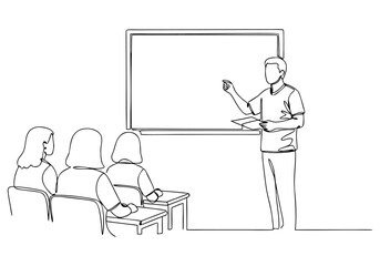 Continuous Line Drawing A teacher lectures to students in a classroom setting