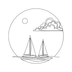 Graceful continuous line drawing illustrating sailboats cruising on the ocean with sun and cloud vector art