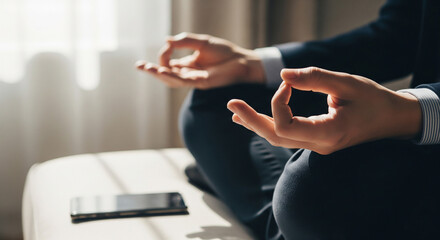 Hands of a businessman in a suit doing a meditation pose, well-being in the office