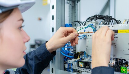 Precise Engineering: A skilled engineer, meticulously connects wires inside a control panel, showcasing dedication and technical expertise.