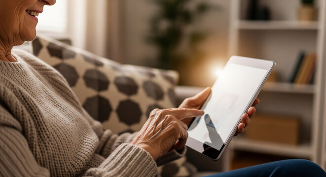 Smiling senior woman having a video call with her family using a tablet on the sofa at home