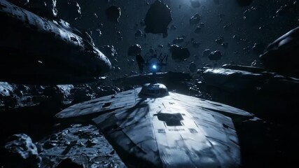 Derelict spaceships drifting through asteroid belt. Forgotten cosmic graveyard with wrecked vessels. Sci-fi space exploration animation footage. - Powered by Adobe
