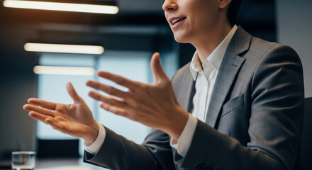 The hands of a businesswoman in a suit speaking with gestures in the office