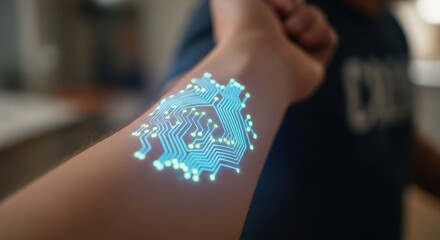 Futuristic bio luminescent tattoo design glowing on human skin with circuit board pattern
