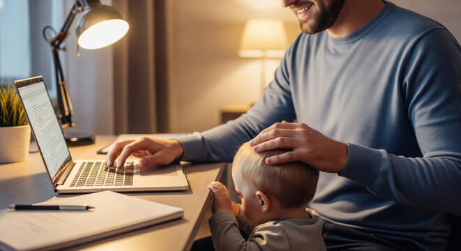 A father working from home on a laptop while stroking his baby at home at night, work-life balance