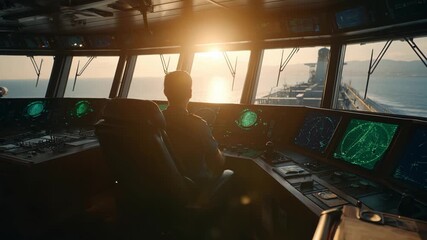 Maritime officer on bridge vigilantly scans approaching ships