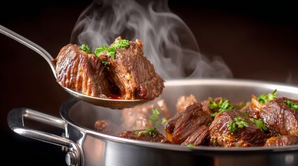 A spoon is scooping meat from a pot of food. The food is steaming and has a lot of meat in it