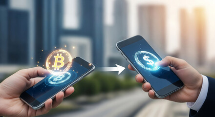 Concept of exchanging bitcoin and dollars between smartphones with city background