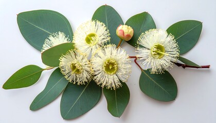 Eucalyptus flowers and leaves on a white background, botanical beauty.