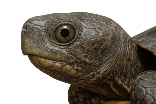 Turtle head close up exploring environment, reptile wildlife animal showing textured skin and focused eye with transparency