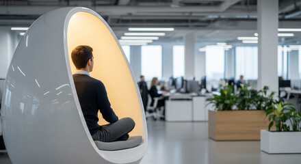 Businessman relaxing in meditation pod in modern office, copy space on the right