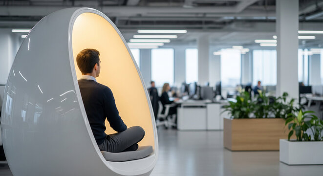 Businessman relaxing in meditation pod in modern office, copy space on the right