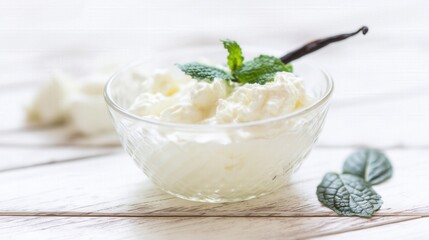Fresh creamy curd mass with mint and vanilla on white isolated background. Generative AI