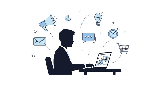 Silhouette of a businessman working on a laptop surrounded by icons representing digital marketing and business concepts