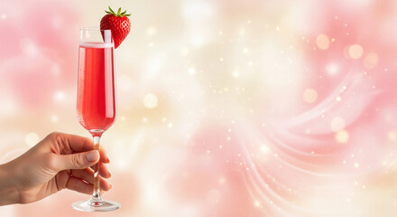 Hand holding a cocktail with strawberry on abstract pink background, toasting for Valentine's Day or party
