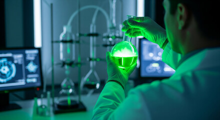 Scientist examining a flask of glowing green liquid in a dark lab