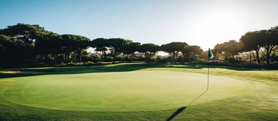 Pristine golf course putting green with flagstick and bunker under a bright sun, showcasing lush green grass for sport and leisure.