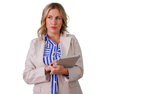 Confident businesswoman holding tablet, looking away with thoughtful expression, planning future professional success
