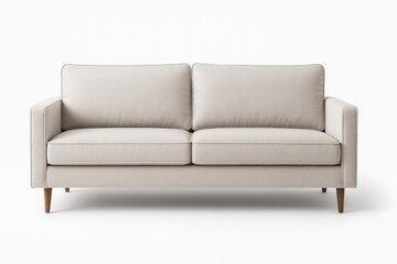 Modern three seater light warm grey fabric sofa straight front view on white background for living room furniture interior and home staging themes
