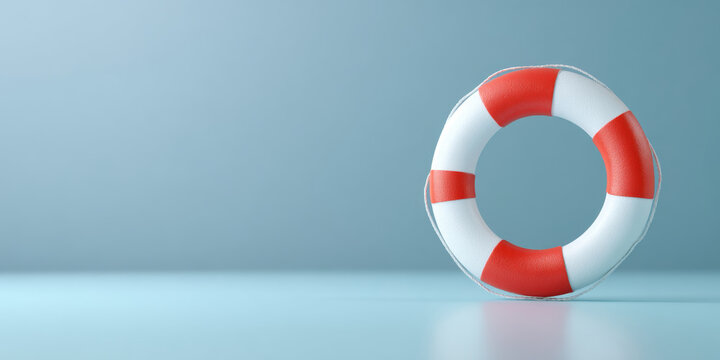 Red and white lifebuoy standing on reflective surface against blue background symbolizing safety and rescue concepts - Powered by Adobe
