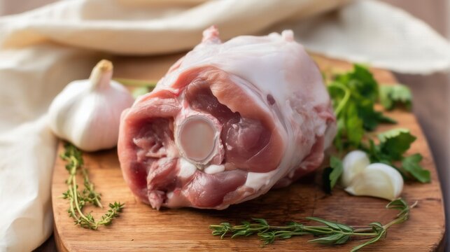 Fresh Raw Pork Knuckle on Wooden Board with Herbs. Generative AI